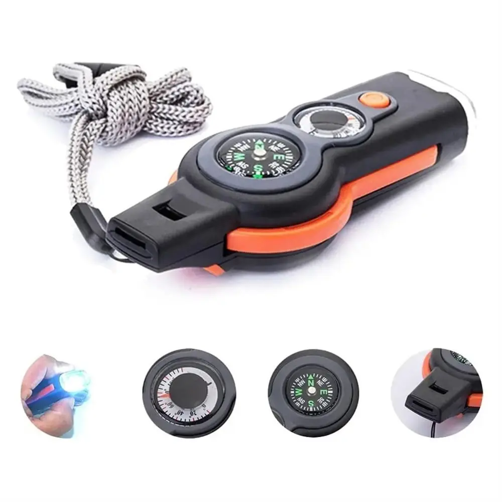 Compass Emergency Whistle LED Light Magnifying Glass Survival Whistle Storage Container Thermometer 7 in 1 Whistle