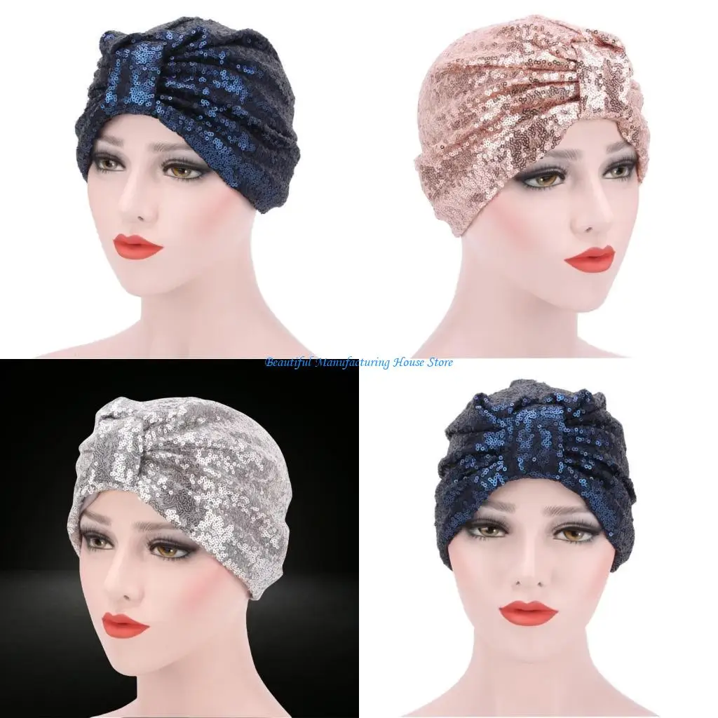 E56A Sequins Head Cover Headwrap Hairwrap Colourful Hair Scarf Head Wrap