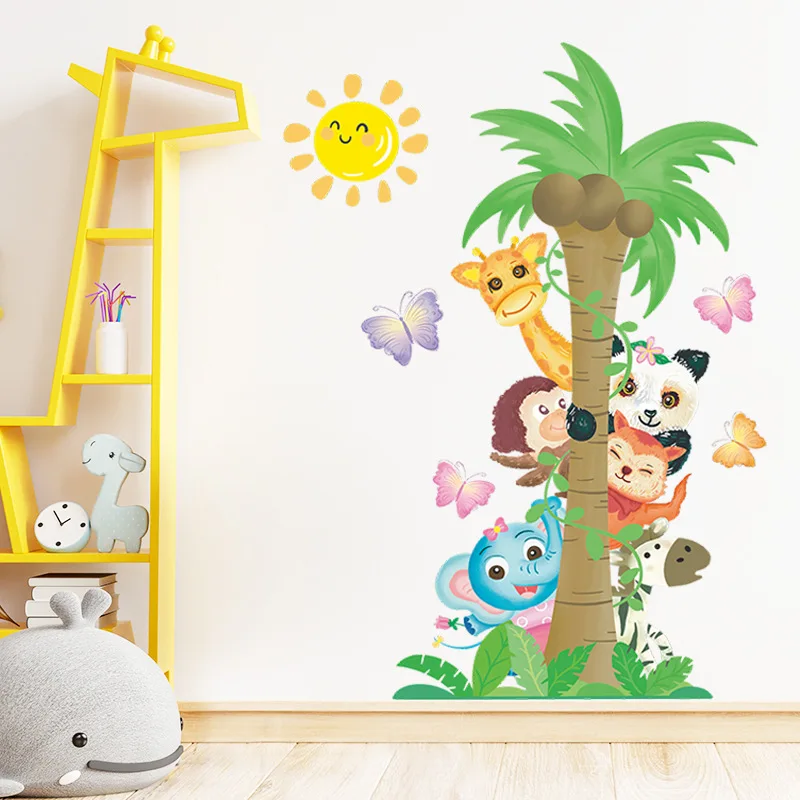 Autocollant mural en forme d'animaux de dessin animé, arbre de coco, décoration de chambre d'enfant, décoration murale mignonne, décoration de fond de chambre de bébé, autocollant auto-adhésif