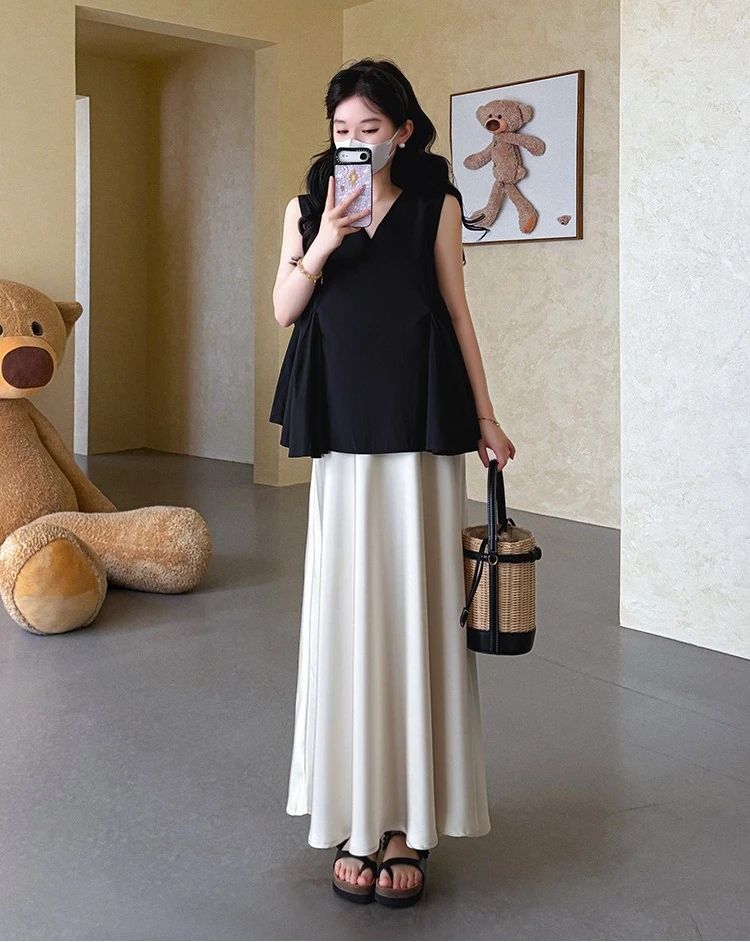 Maternity Suit Summer French Style Elegant Temperament Black Sleeveless Peplum Top and Satin Long Skirt for Pregnant Women 2026