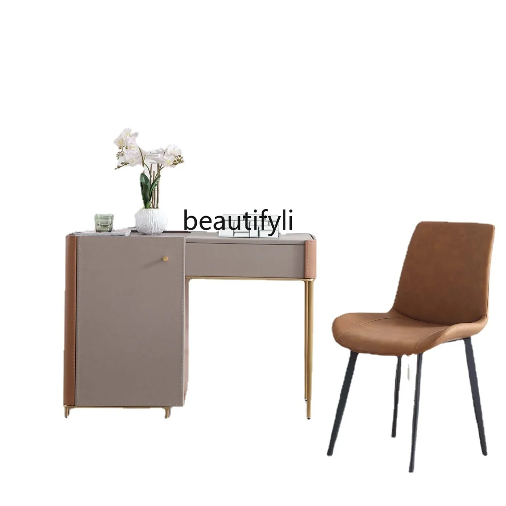 

Italian Modern Creative Bedroom Small Apartment Dresser Saddle Leather Storage with Mirror Stainless Steel Makeup Table