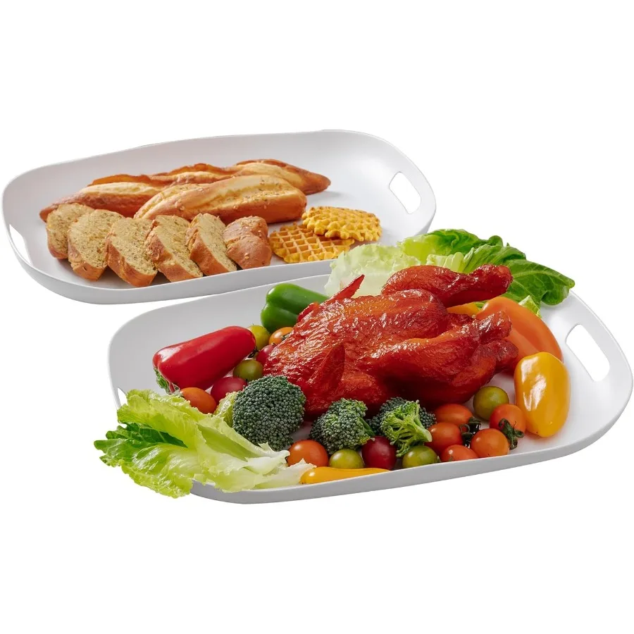 

Extra Large Serving Platter Set of 2 18.75 x 14.375 x 2 Inch Rectangular Melamine Trays with Handle for Party Big Turkey Platte