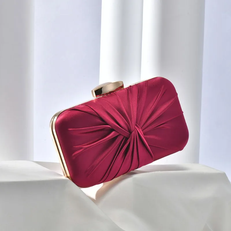 Elegant Evening Bag Female Retro Silk-like Satin Pleated Handbag Formal Party Dress Matching Purse Ladies Burgundy Banquet Bag