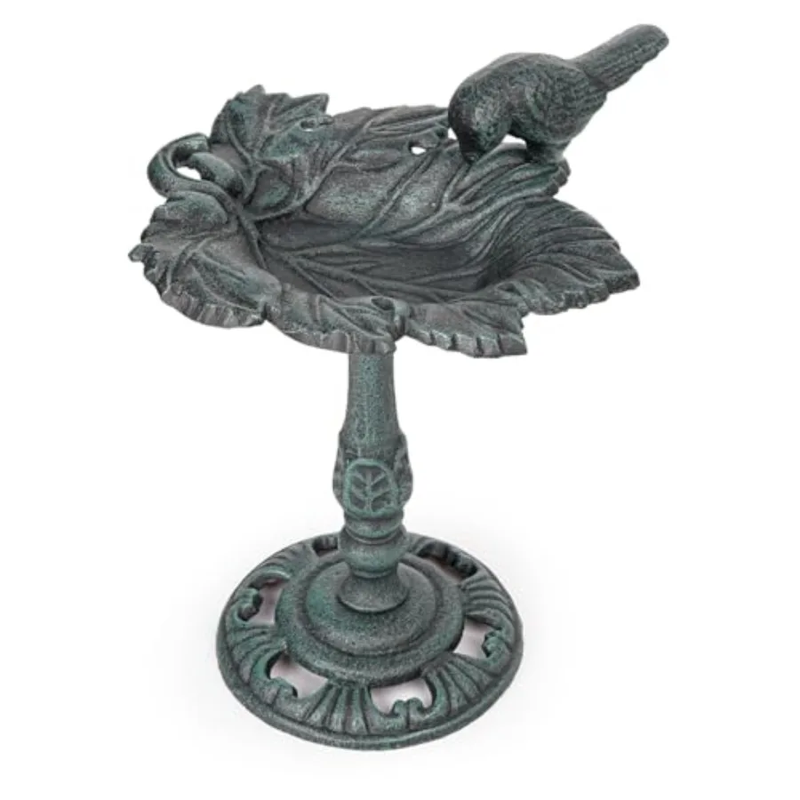 

Vintage Cast Iron Birdbath for Outside10.6" Tall Bird Feeder with Adorable Bird Statue Freestanding Leaf-Shape Water Bowl Distr