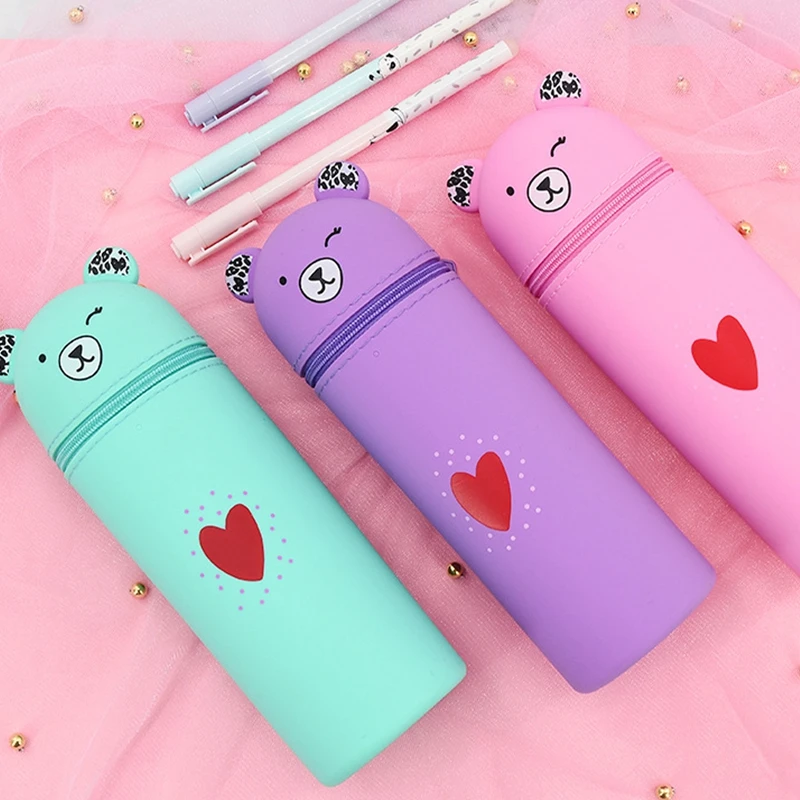 Portátil Silicone Cartoon Bear Pencil Case, Saco de armazenamento de papelaria, Pen Holder Container, Grande capacidade Desk Organizer, Bonito