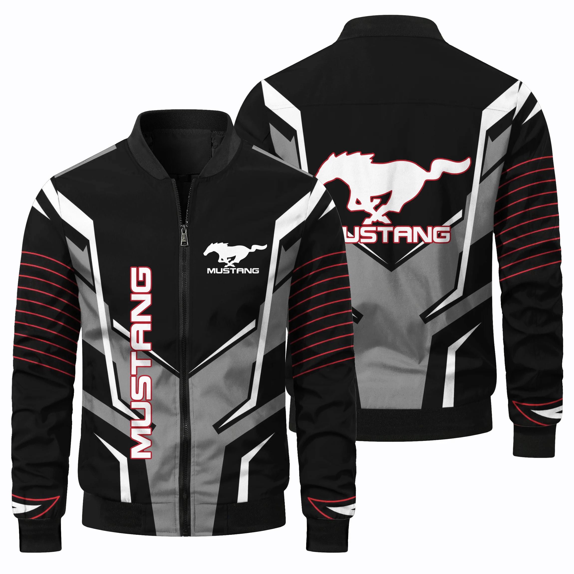 3D Racing Mustang Pattern Jacket Fashion Zipper Top Daily Outdoor Sports Off-Road Cycling Clothing Round Neck Casual Jacket