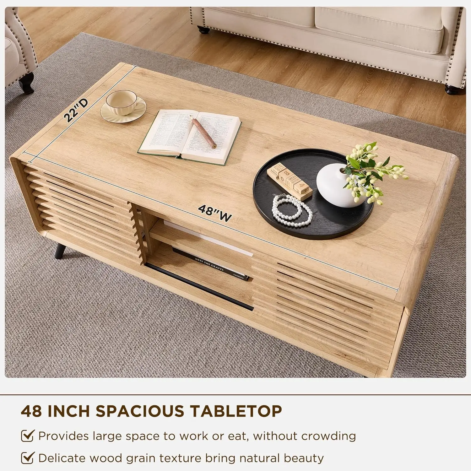 48" Lift Top Coffee Table with Slatted Sliding Door, Mid Century Modern Center Table with Hidden Storage Compartment