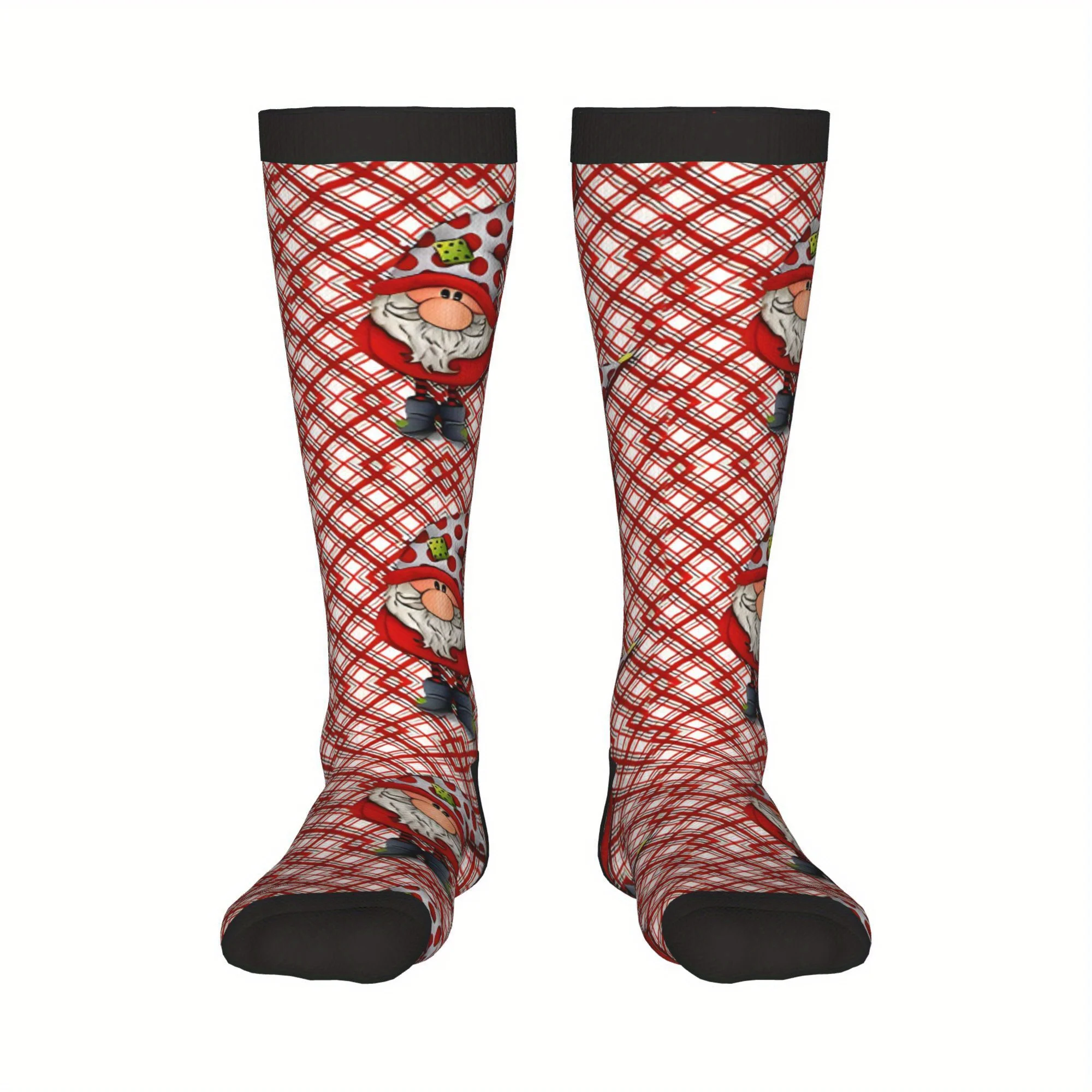 キュートな格子柄とクリスマスエルフのレッドチェック柄コンプレッションソックス - ポリエステルニット生地、手洗い、ユニセックス、ノベルティクルーソックス