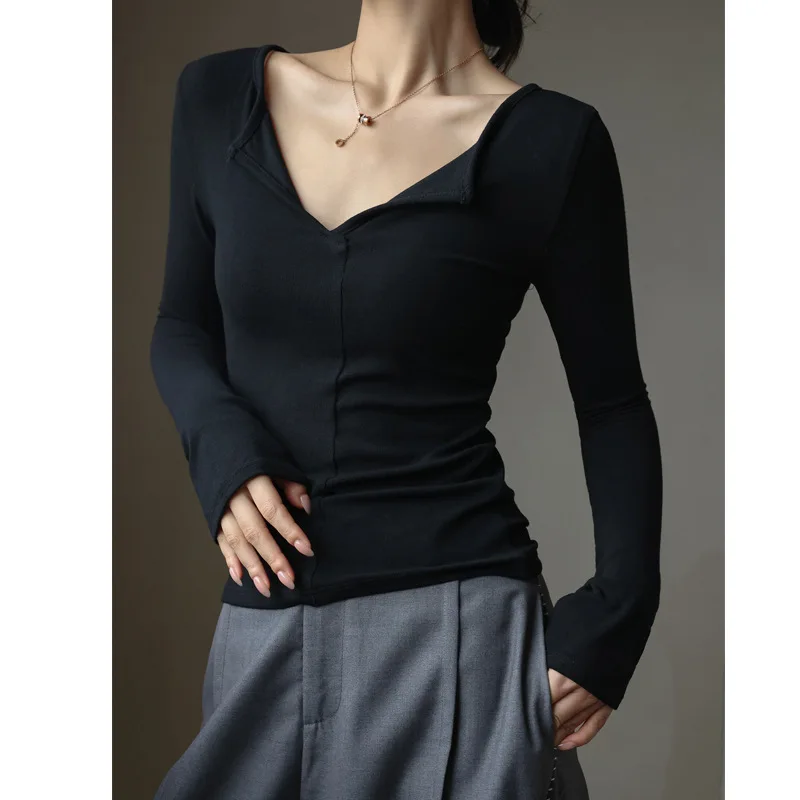 

Korea Stylish Autumn Women's Base Tops Sexy V-Neck Full Sleeve Elegant Casual Layering Slim Elegant Chic T-Shirts Blouse C5394