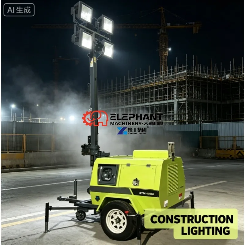 Construction Outdoor Trailer Mounted Mobile Lighting Tower with Diesel Generator for Temporary Working Illumination