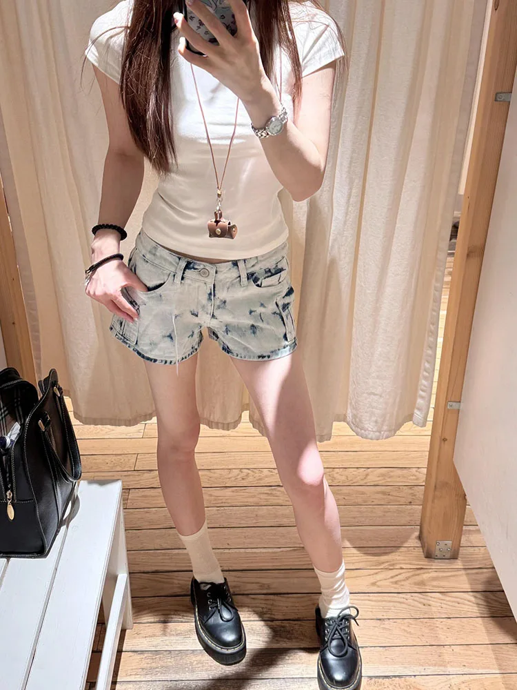 

Fuyan Low Waist Distressed Denim Shorts Women's Summer Fashion American Street Style Hot Pants Casual Wide Leg Straight Cut