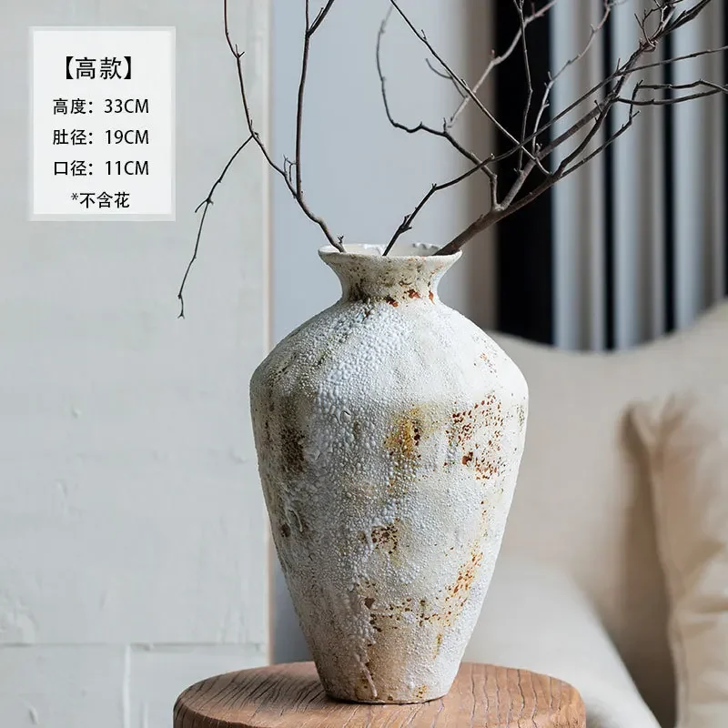 Retro Ceramic Vase New Chinese Style Wabi-sabi Wind Home Living Room Decoration Dried Flower Coarse Pottery Flower Utensil