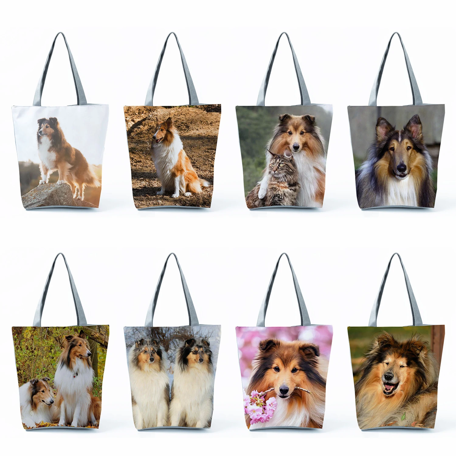 Rough Collie Printed Shopping Bags Casual Groceries Women Handbags Large Capacity Foldable Shoulder Bags Cute Dog Graphic Totes