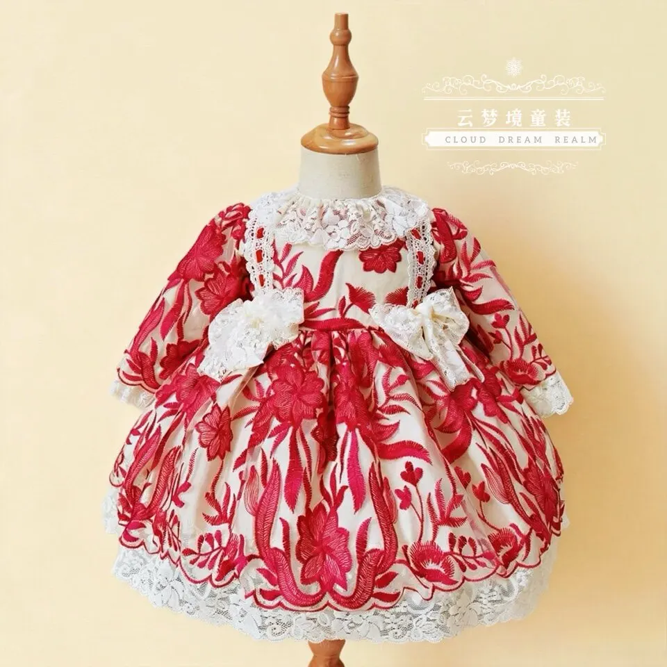 Kleinkind Mädchen Rotes Spitzenkleid Langarm Rüschenkragen Große Schleife Prinzessin Lolita Kleid Kinder Geburtstag Hochzeit Party Kostüm – Detail 5