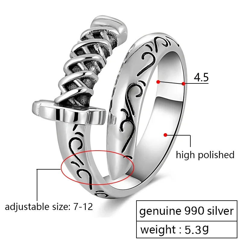 ZABRA oryginalne 925 Sterling Silver Punk pierścionki męskie sygnety nóż szabla wojownik broń regulowana Ring Biker Men Jewellry