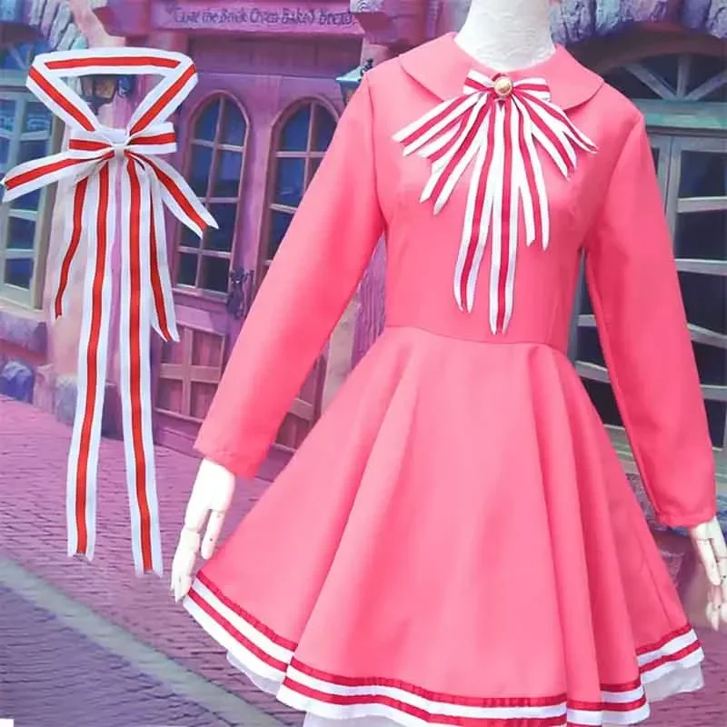 Disfraz de cosplay de Anime Card Captor Sakura, disfraz de cosplay de Kinomoto Sakura, vestido rosa para niñas con sombrero, conjunto completo de vestido lolita