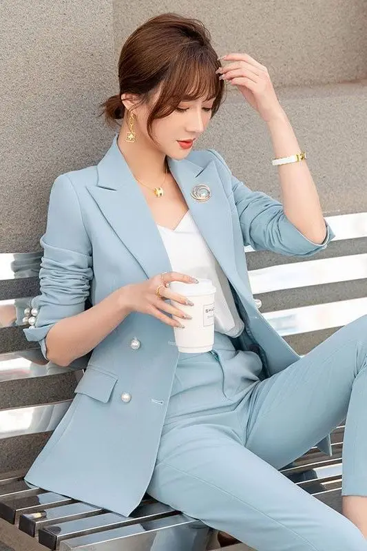 

​​2025 Smoky Blue Double Breasted Office Set Women's Hip Spring Minimalist Suit Tailored Coordinates Office to Coffee Chic​​