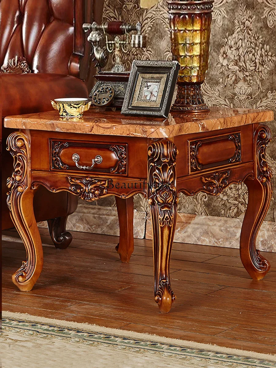 European-Style Oak Carved Marble Small Square Table Luxury High-End Eight-Immortal Table Living Room Sofa Side Table