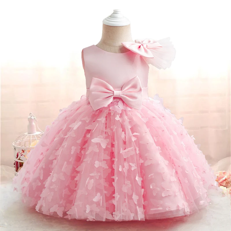 Toddler Girls Party Dress Princess Evening 3D Butterfly Mesh Gown Girls Fly Sleeves Bow 1-5Y Birthday Weddings Gown Summer Dress