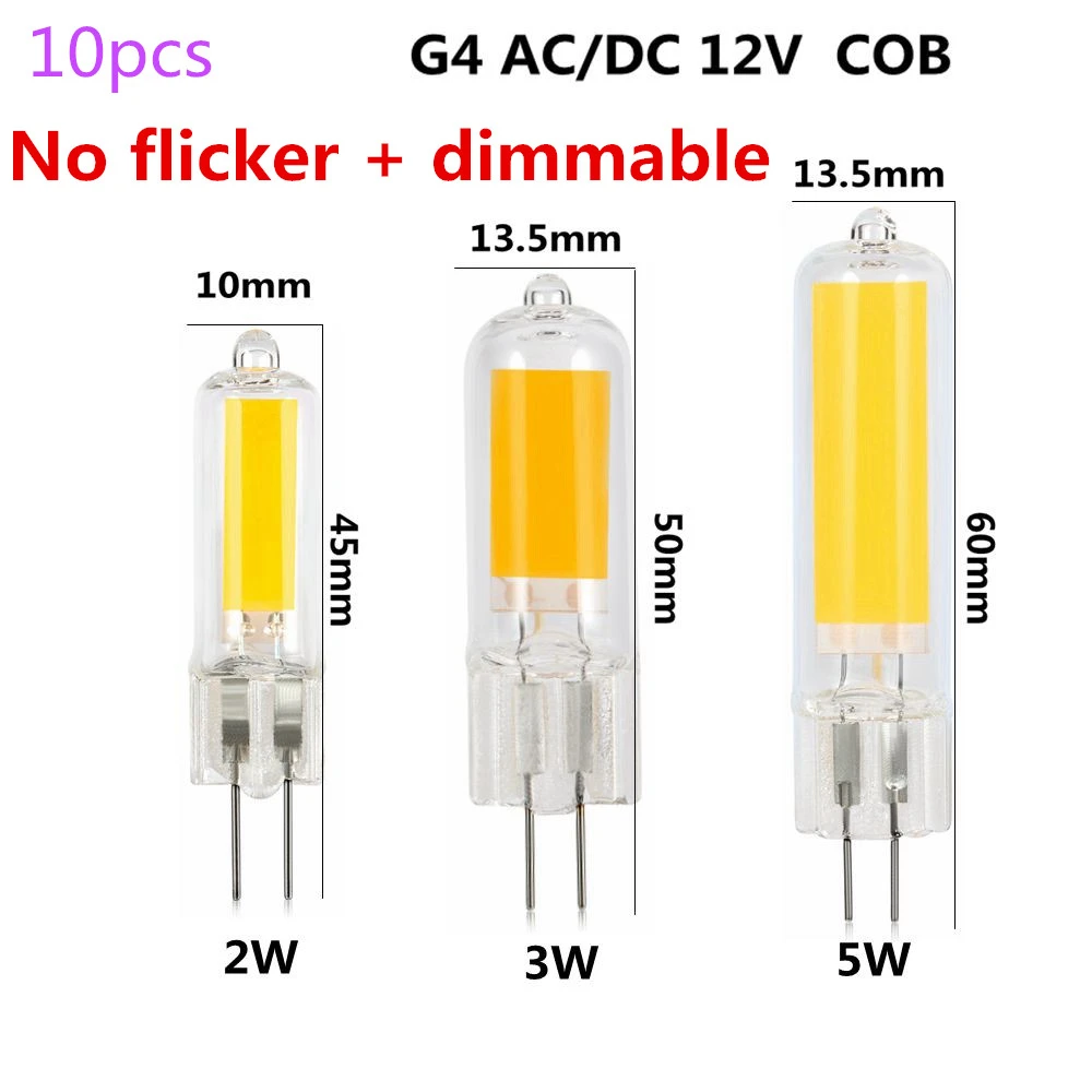 10pcs Dimmable No Flicker LED Bulb G4 Light Bulb AC/DC12V Glass LED Lamp Spotlight Chandelier Lighting Replace Halogen Lamp