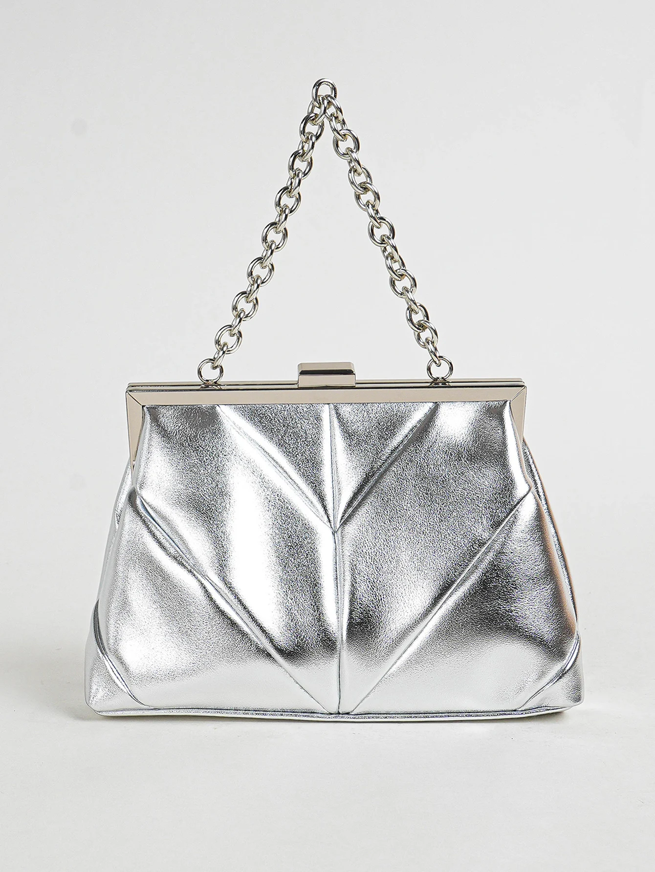 Borsa da sera elegante con chiusura a bacio pieghettata in pelle PU opaca da 1 PC, pochette a tracolla con telaio a catena in metallo lucido, Kis