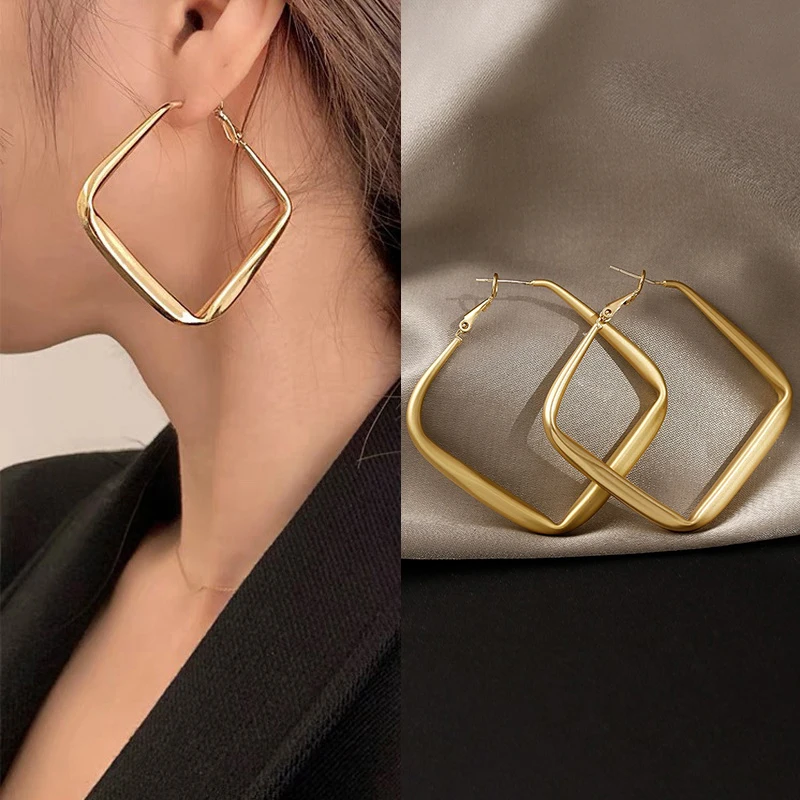 Fashion Gold Color Big Square Hoop Earrings For Women Exaggerated Metal Geometric Irregular Circle Earrings Jewelry