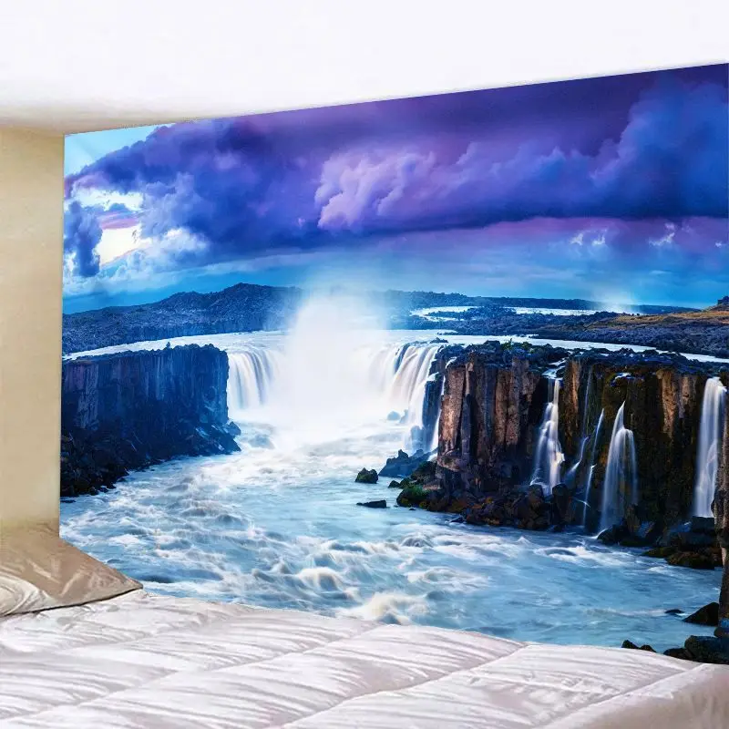VIKAMA Basalt Canyon Waterfall Tapestry - Purple Cloudy Sky Multi-tier Cascading Wall