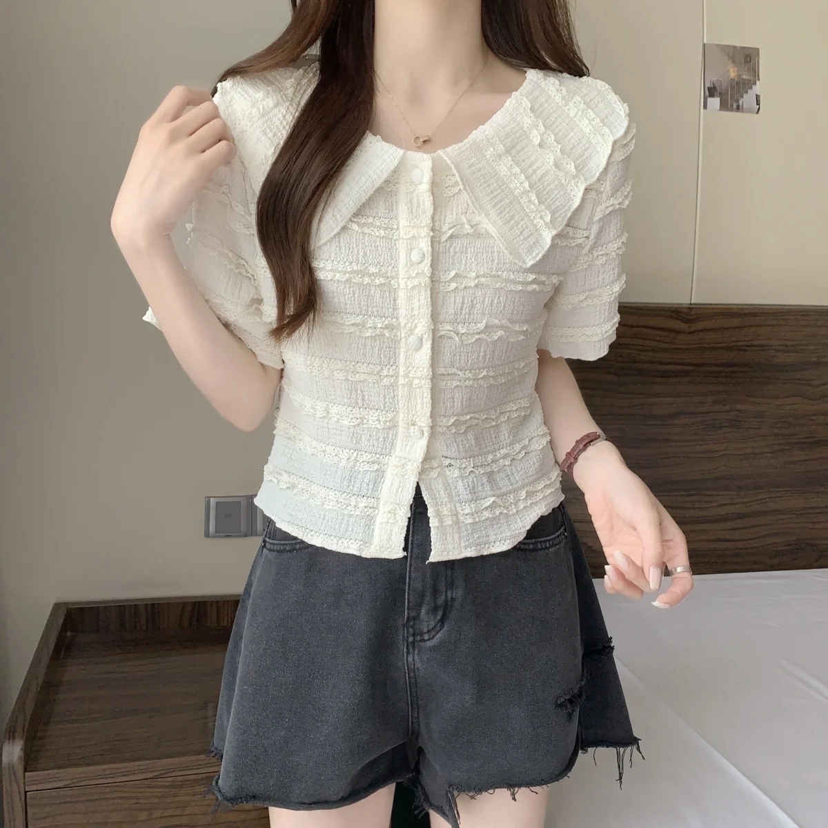 Camisas de manga curta das mulheres casual streetwear moderno e minimalista blusa de algodão macio botão para baixo solto ajuste turn collar chique