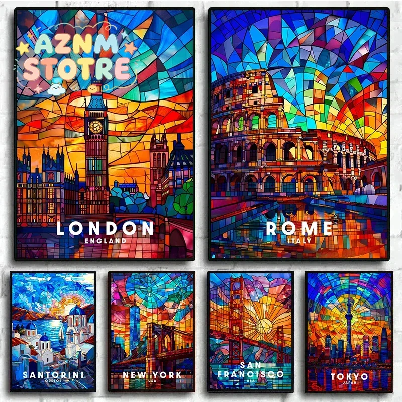 Stained Glass Travel Wall Art Canvas Painting London Rome Santorini New York Posters and Prints Picture Home Room Decor Cuadr
