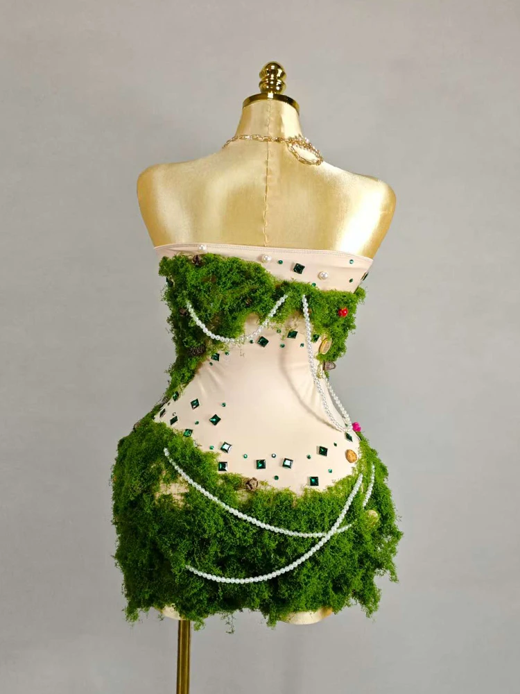 Elegante verde strass saia curta grama falsa ombro-livre cantor evento traje lady gaga festival de aniversário arrastar outfit