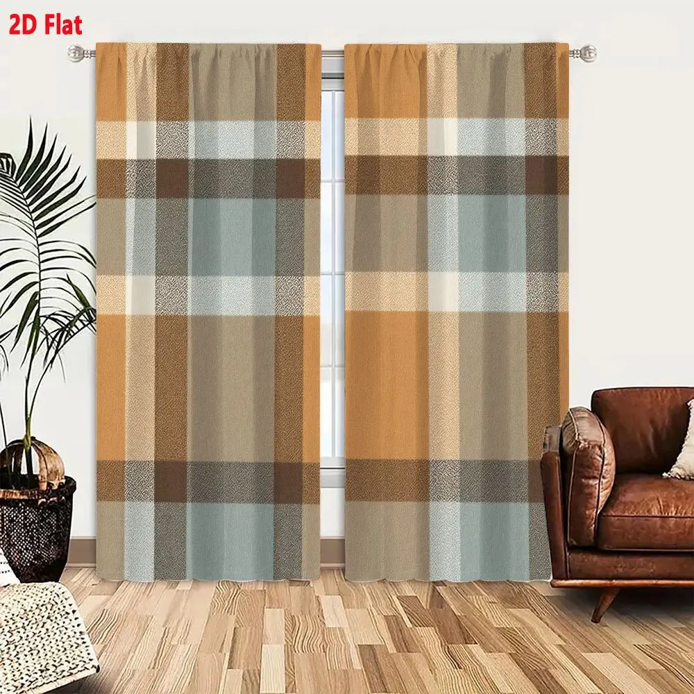 2Pcs Curtains 2D Flat Classic Plaid Woven Textile Pattern In Muted Earthy Tones And Dusty Blue Gray Window Drapes for Bedroom Ro
