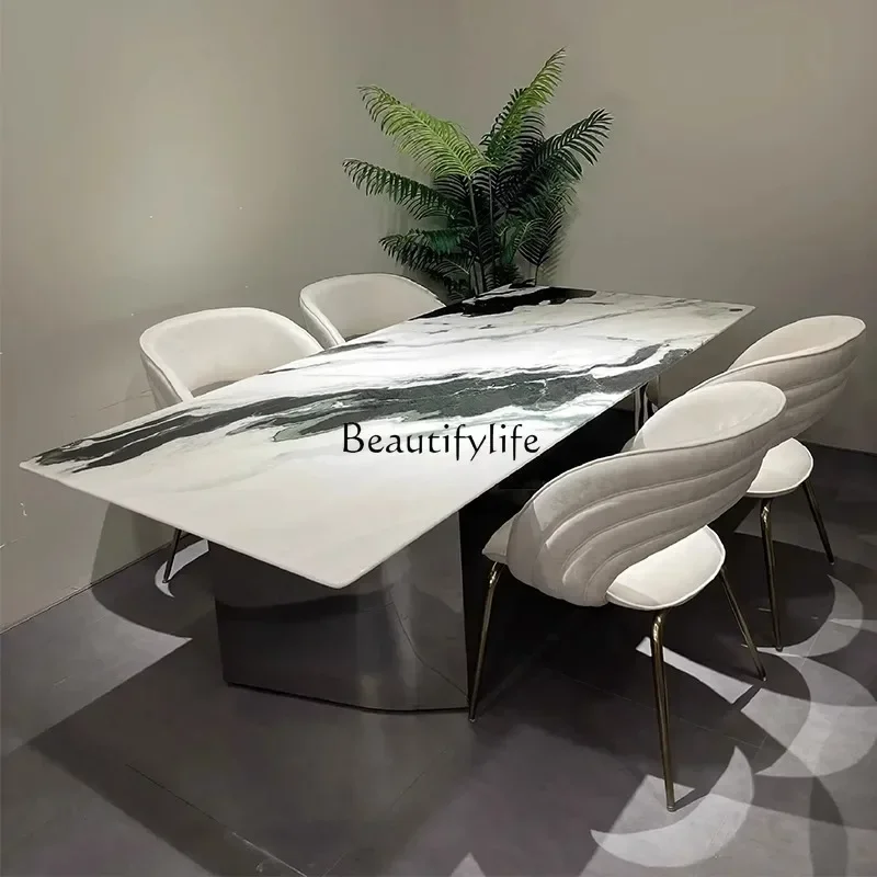 Panda white natural marble dining table Italian minimalist high-end rectangular luxury stone dining table