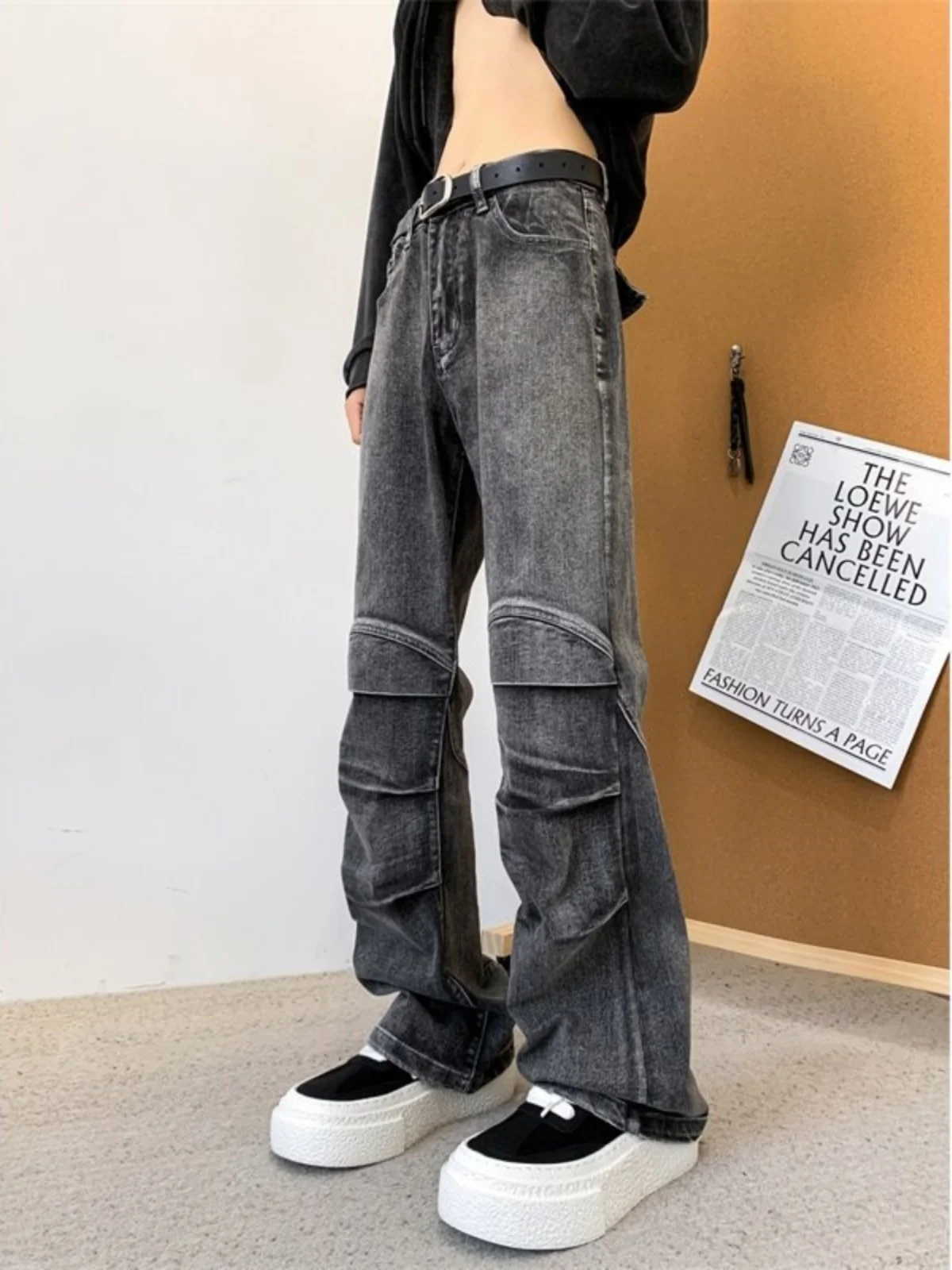 

Men's Folded Hem Denim Jeans CleanFit Wang Helid Desert Wind Weathered Patchwork Straight Leg Micro Flared Long Trousers