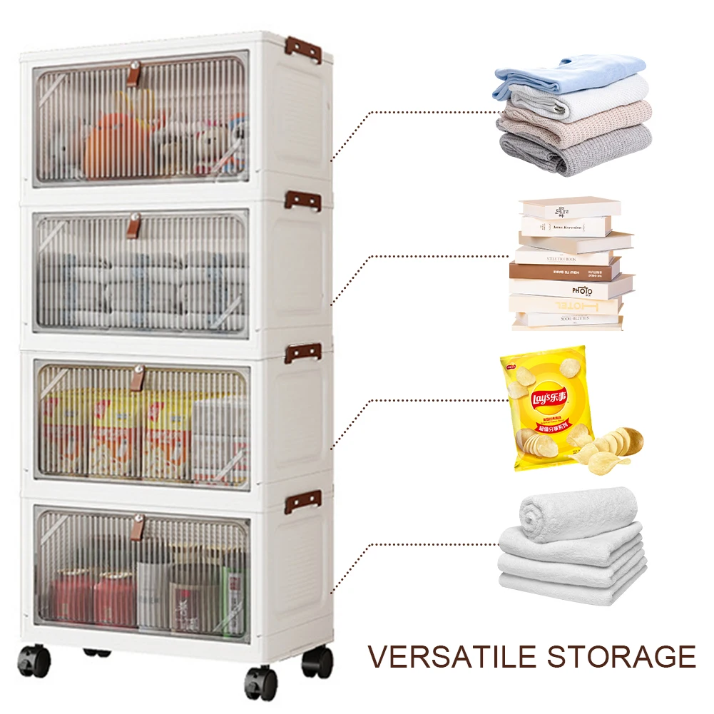 

4 Layers Sundries Cabinet with Doors & Wheels Finishing Cabinet Clothing Storage Box Clutter Organizer for Organizing Snacks