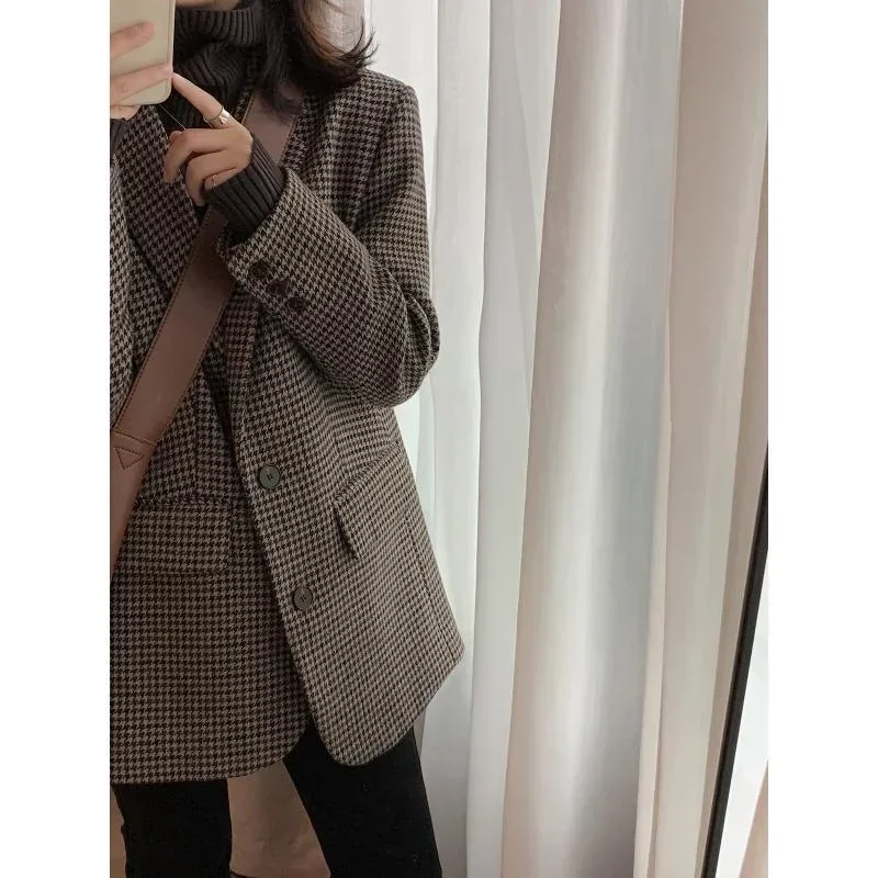 Coffee woolen blazer women's autumn and winter new Korean version loose wool woolen coat