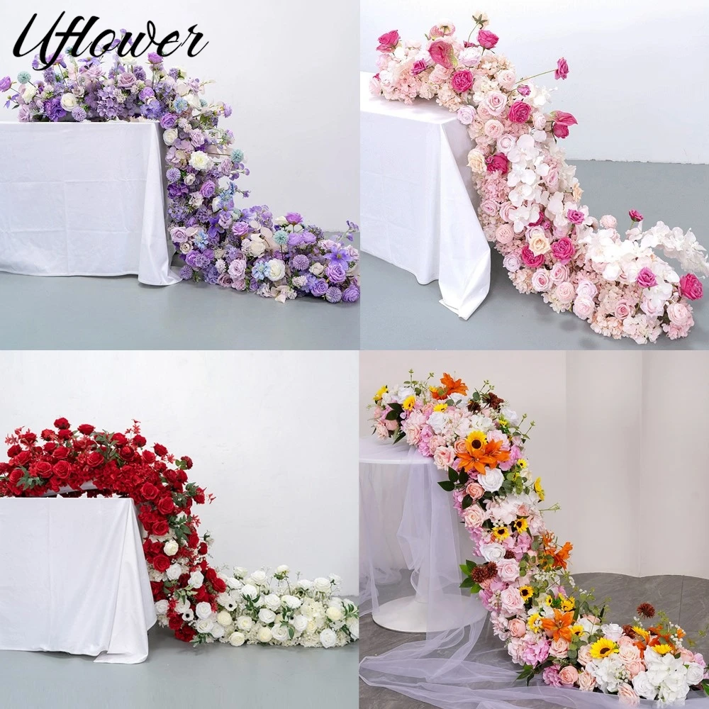 Uflower 200cm Luxury Rose Artificial Flower Row Table Centerpiece Wedding Backdrop Flowers Wall Arches Decor Party Stage Floral