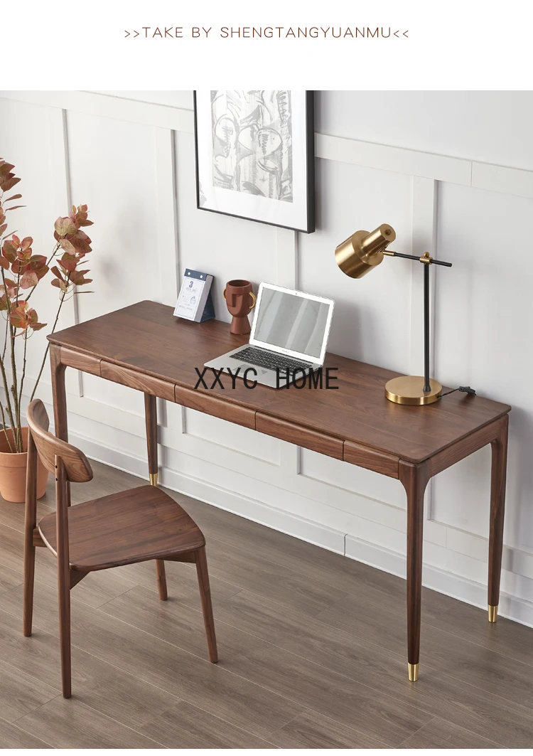 

Nordic Black Walnut Wooden Desk Simple and Light Luxury Solid Wood Desk Home Study Table Japanese Log Writing Desk