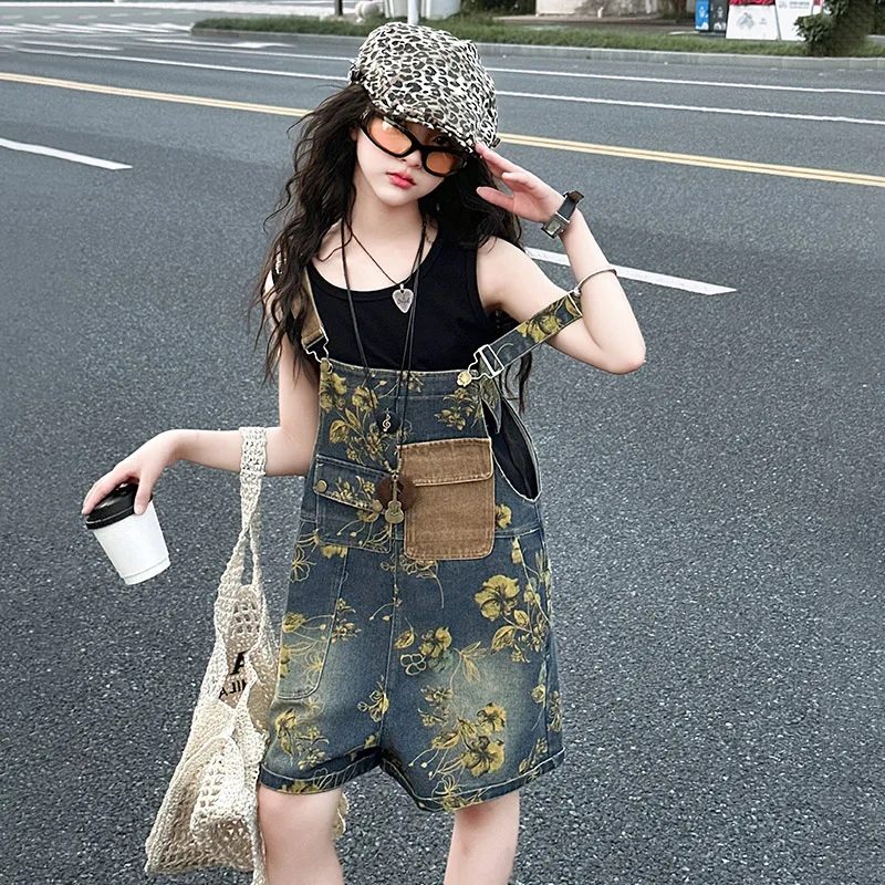 Summer Kids Child Vintage Blue Floral Denim Overalls Shorts for Teenage Girls Flower Print Jeans Short Jumpsuit 5 6 8 10 12 14 T view 4