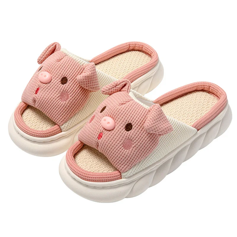 2024 New Pink 3.5cm Fashion Soft Ladies Casual Cute Piggy Pattern Design comode pantofole da casa in lino femminile