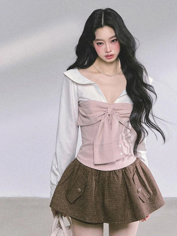 

Женская уличная укороченная футболка с длинным рукавом, искусственные лоскутные футболки из двух предметов Y2K, облегающие шикарные новые топы с коротким дном