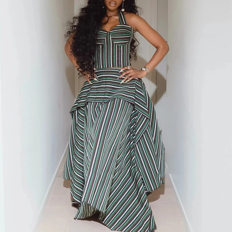 Casual Striped Print Irregular Women's Suits Sexy Sleeveless Camisole Top and Long Skirt Holiday Set Summer Pattern Loose Outfit