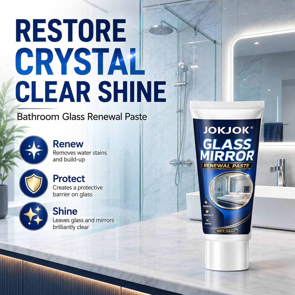 Bathroom Glass Polishing Paste, Powerful Hard Water Stain Remover and Descaler, for Shower Doors, Tiles, Stainless Steel