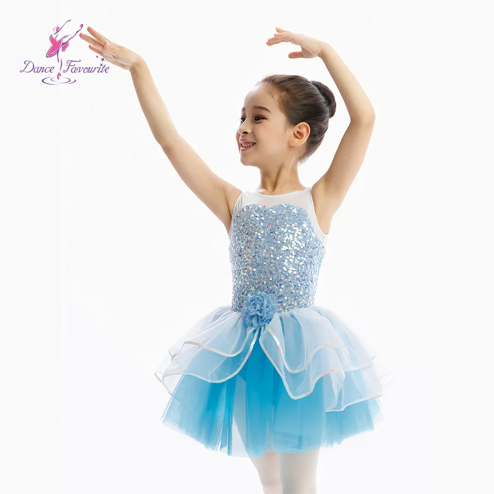 ชุดบัลเลต์เด็ก C26051 ชุดเต้นรำกระโปรงบัลเลต์สีขาวประดับเลื่อม พร้อมกระโปรงบัลเลต์สีฟ้าอ่อนสำหรับการแสดงบนเวที