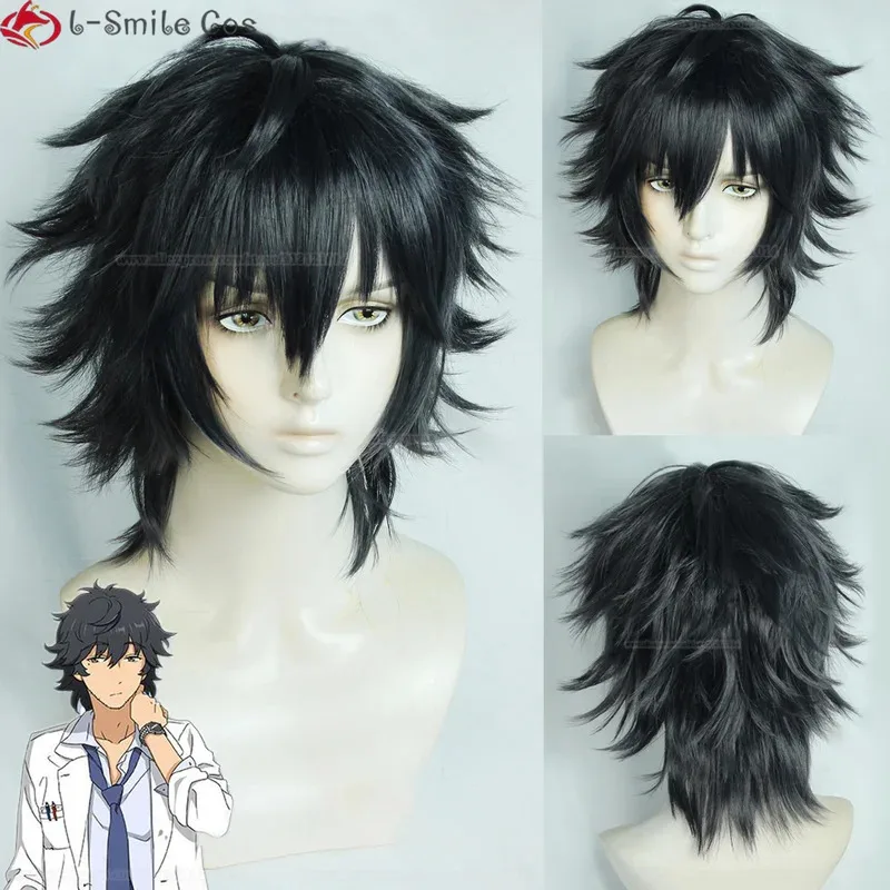 Game ES Ensemble Stars SAGAMI JIN Cosplay Wig JIN SAGAMI Wigs Short Black Grey Hair Glasses Heat Resistant Hair Wigs + Wig Cap