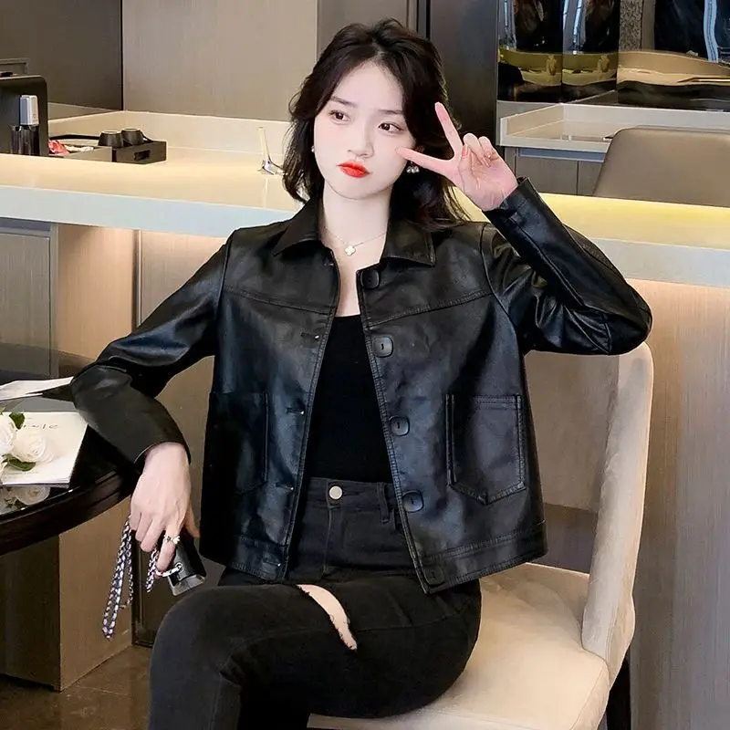 PU Leather Coat Short Female Young Style Autumn Winter New Leisure Style Casual Jacket Solid Turn Down Collar Women Top