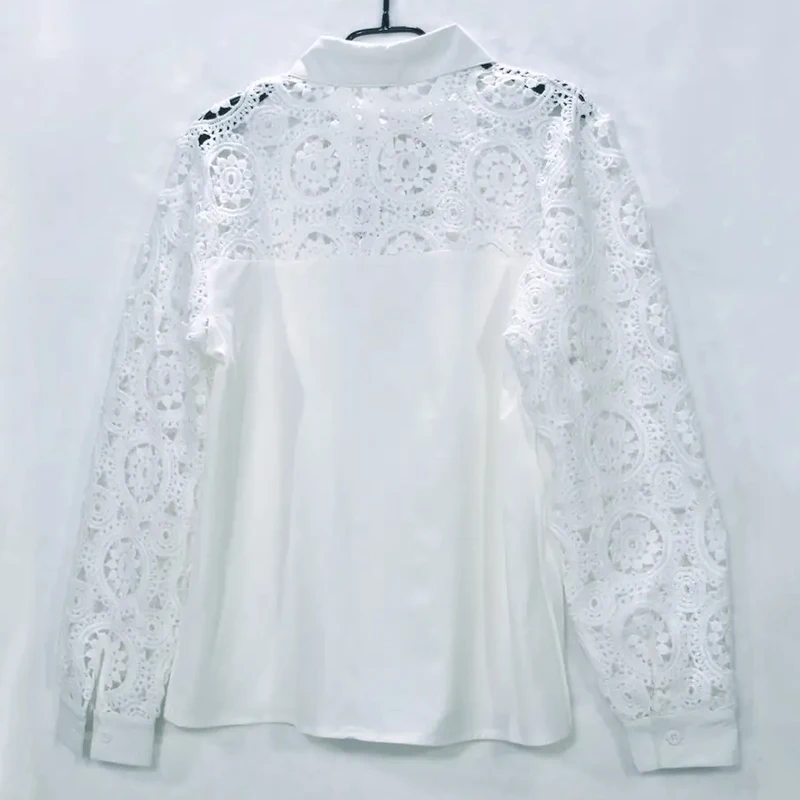 Chemise patchwork en dentelle blanche pour femme, chemises à manches longues, chemisier vintage évidé, mode printemps et été, 2024