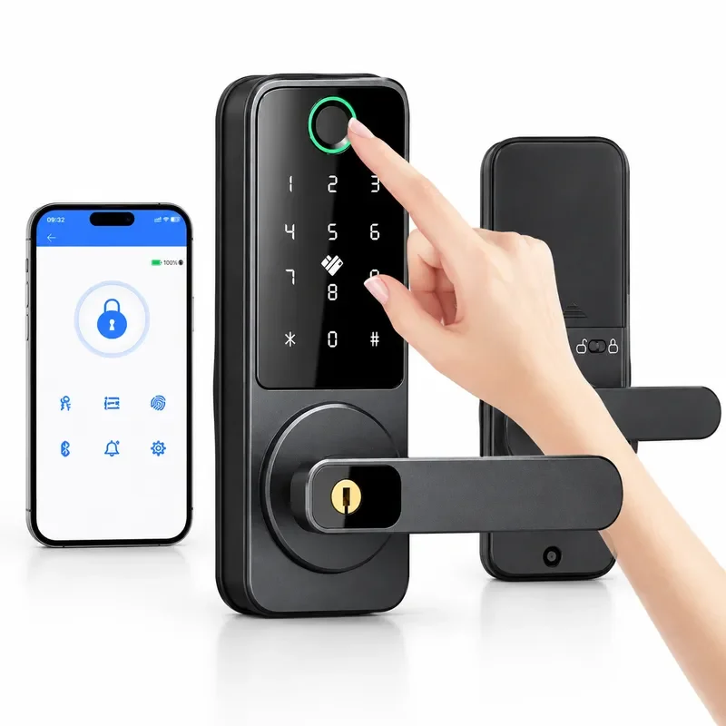 Tuya Fingerprint Smart Lock Bluetooth Password Card Swipe Door Lock for Home Office Security Deadbolt Lock
