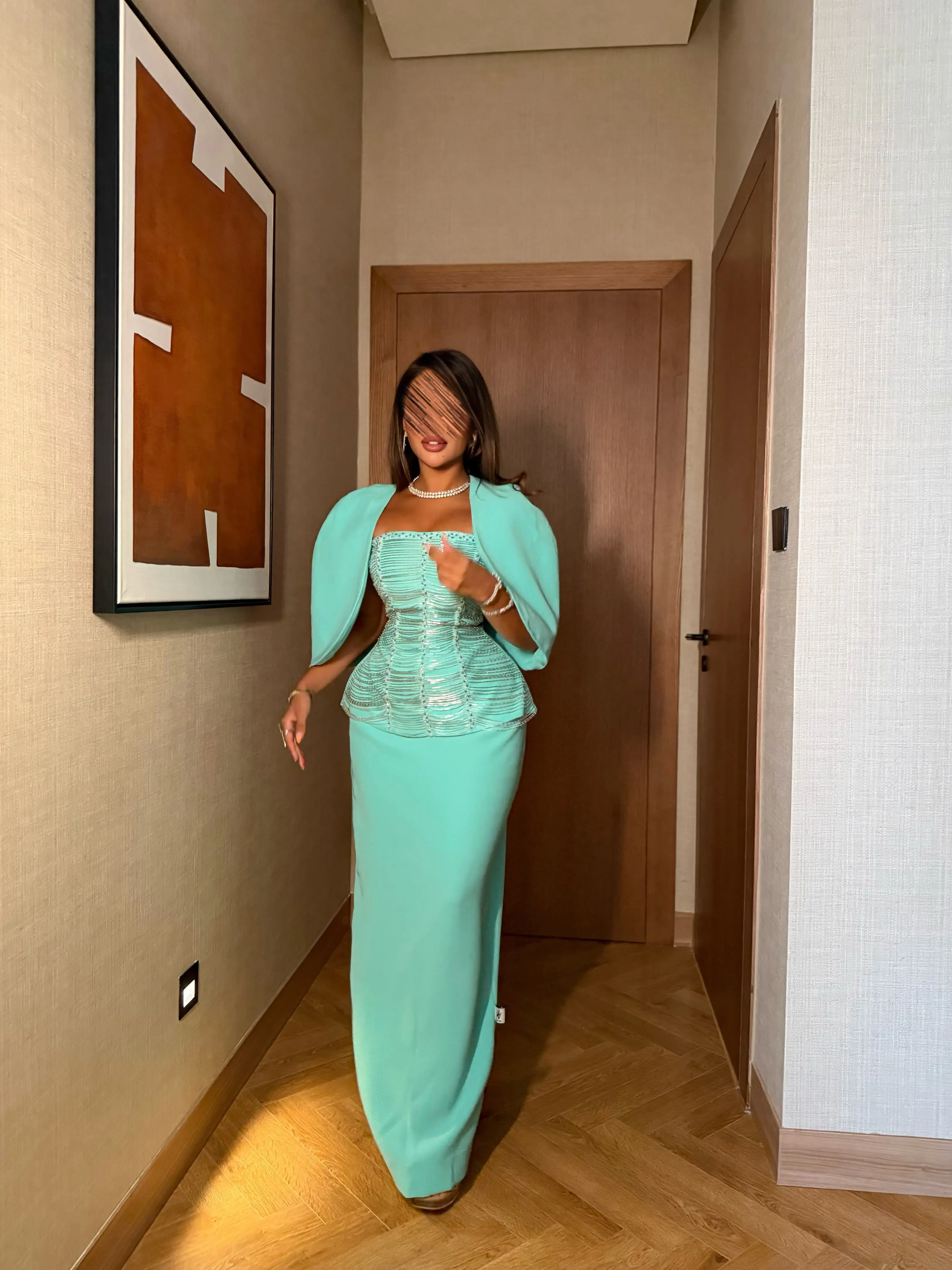 Arabia Mint Green Sheath Strapless with Jacket Evening Dresses Chest Handmade Heavy Beads Floor Length Luxury Prom Party Gowns