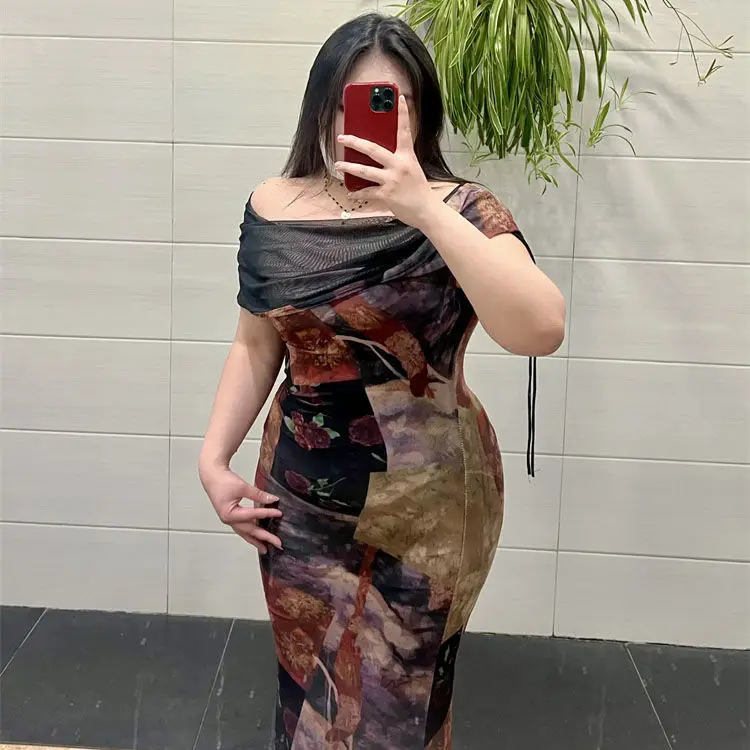 

Chinese Ink Print Bodycon Gothic Off Shoulder Dress / Women Summer Vintage Irregular Slim Fit Sexy Plus Size S–3XL / y2k Grunge