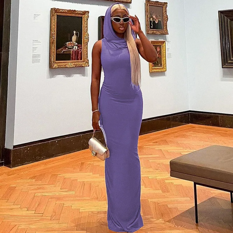 

Slimming Pure Color Hooded Split Back Dress Sleeveless High Waist Long Skirt round Neck S-Shape Summer Fashion Women's Dress